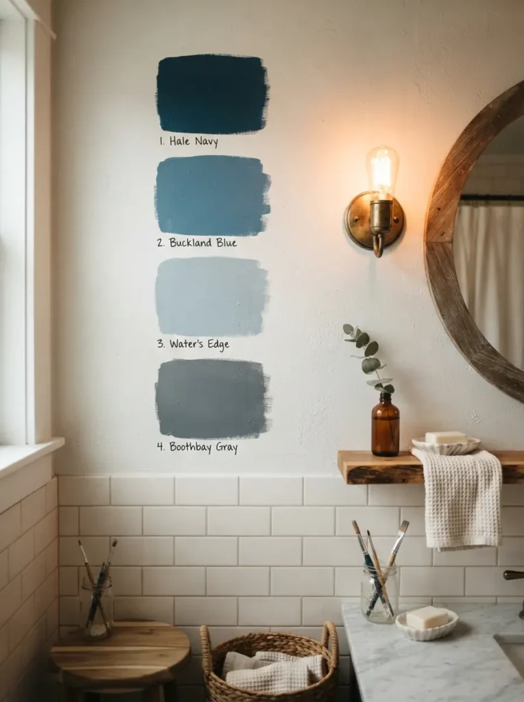 ![Paint sample swatches of different blues tested on a bathroom wall under changing light, warm bathroom lighting, vertical Pinterest photography, warm sample-testing styling.]