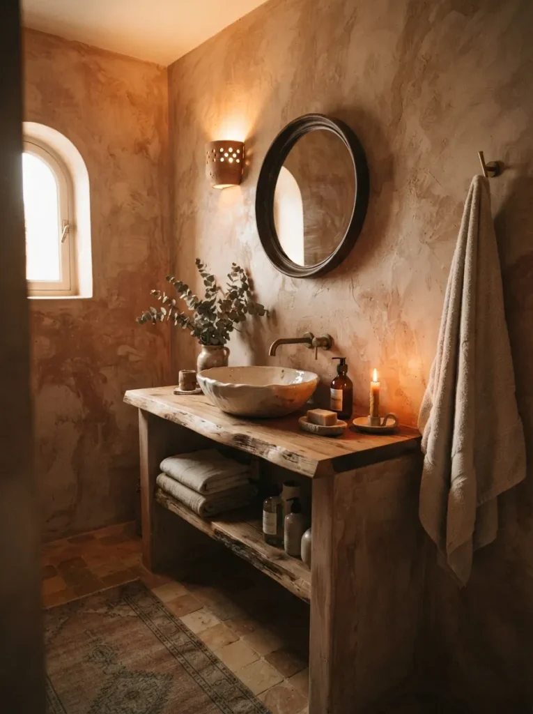 ![Textured walls and warm mood lighting in an earth-tone bathroom, organic natural feeling, warm bathroom lighting, vertical Pinterest photography, warm textured-lighting styling.]
