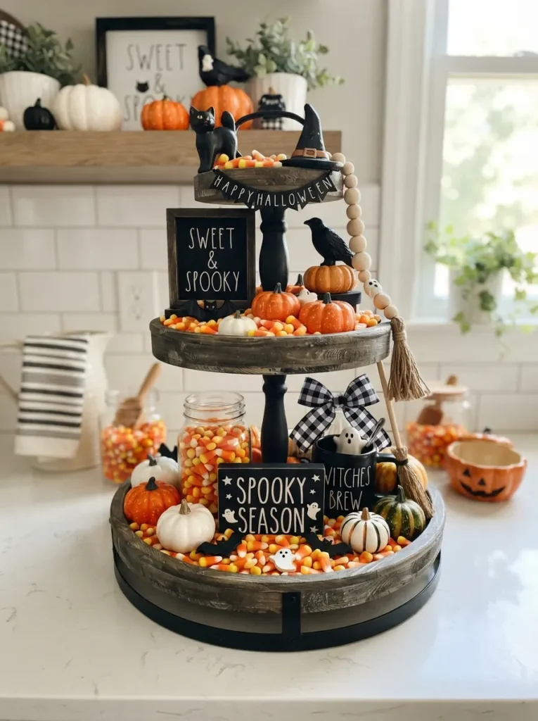 ![Tiered tray display layered with candy corn, mini pumpkins, and black accents, bright kitchen counter lighting, vertical Pinterest photography, candy-corn-tiered-tray styling.]