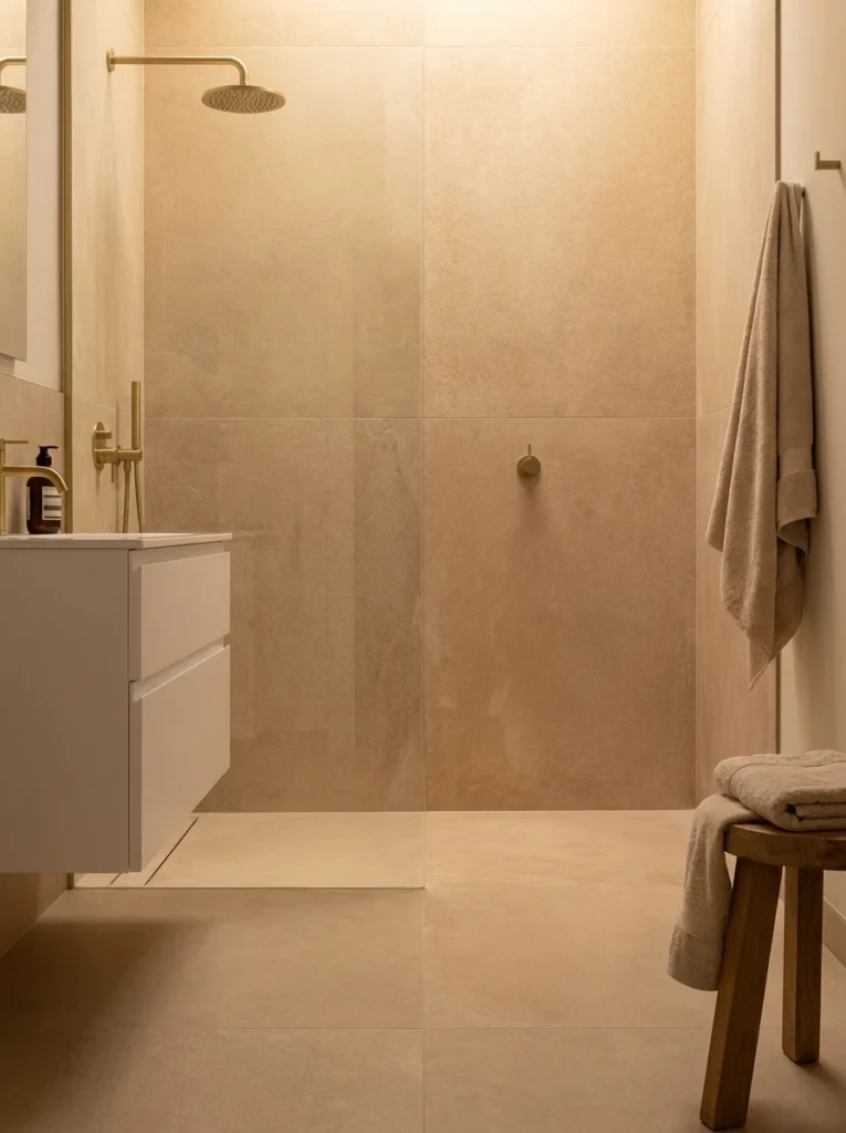Large-format tile installed on a small bathroom floor and shower wall, minimal grout lines visible, warm bathroom lighting, vertical Pinterest photography, warm large-format styling.