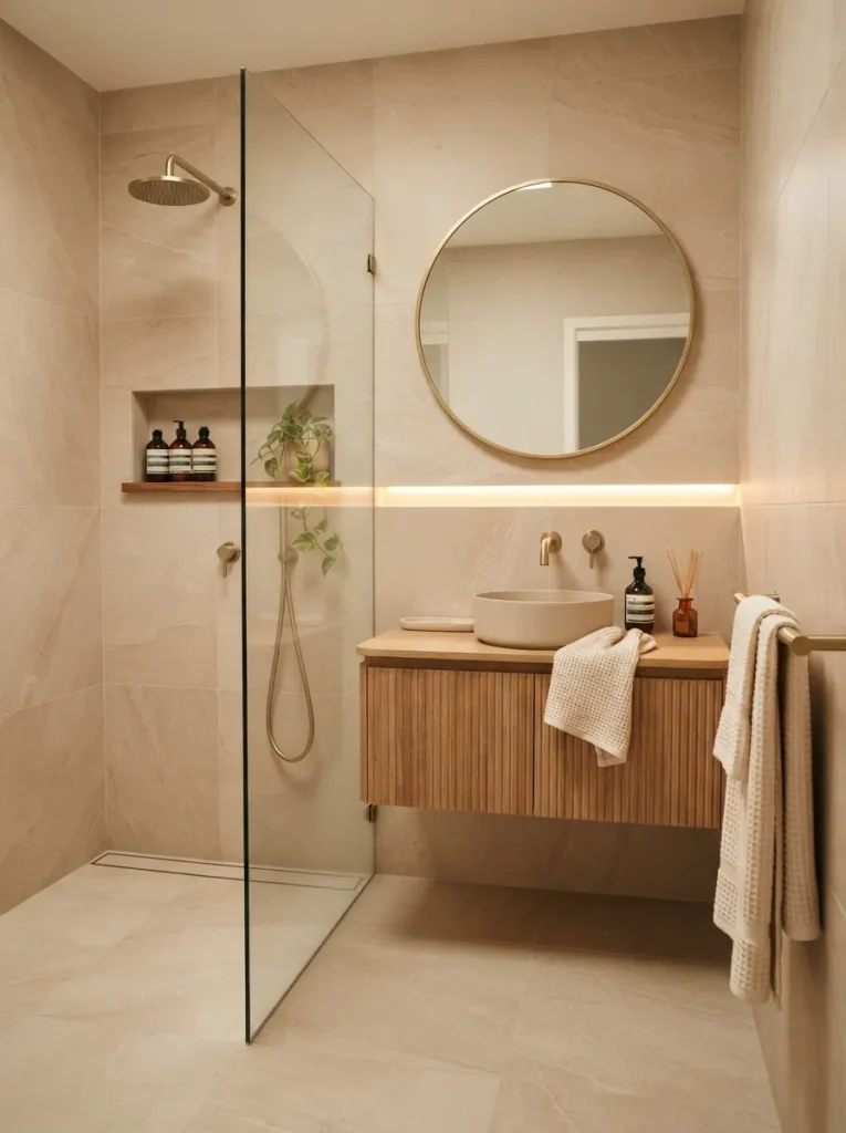 ![Large-format tile with minimal grout lines in a bathroom, creating a calm continuous surface, warm bathroom lighting, vertical Pinterest photography, warm large-format-tile styling.]
