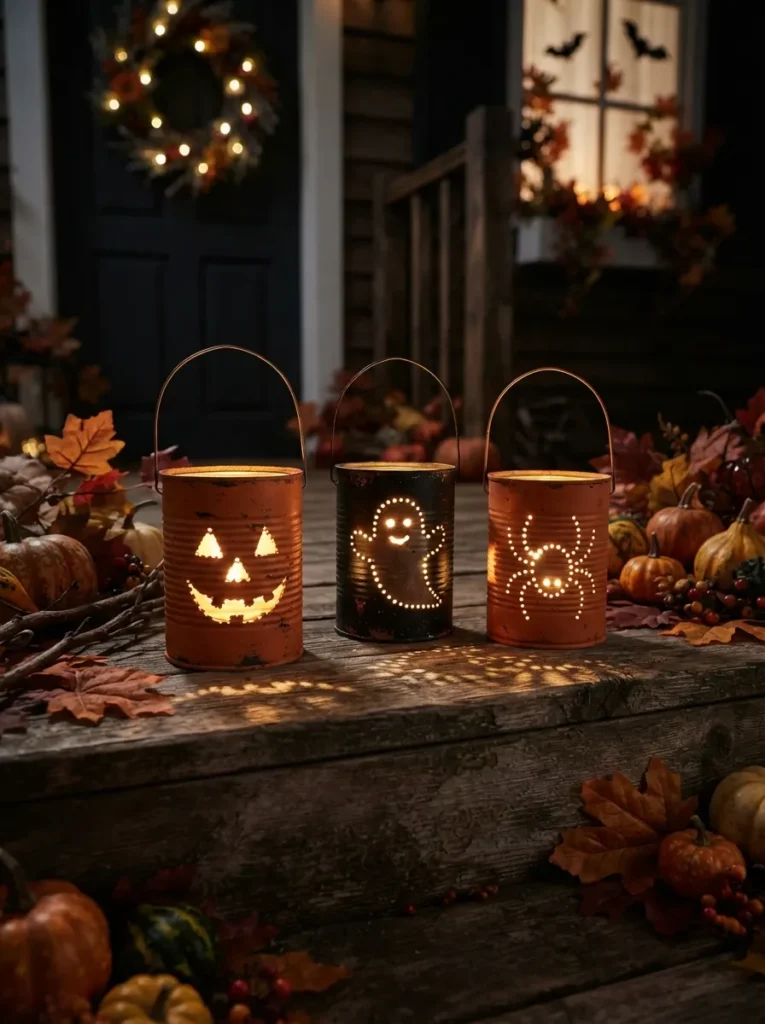 ![Three recycled tin can Halloween lanterns sitting on a rustic porch step, each featuring a different punched design of a jack-o'-lantern, ghost and spider, warm LED candles glowing inside and casting dotted patterns onto the surrounding surface, autumn leaves and miniature pumpkins, cozy nighttime Halloween atmosphere, realistic photography, vertical Pinterest image, no text.]