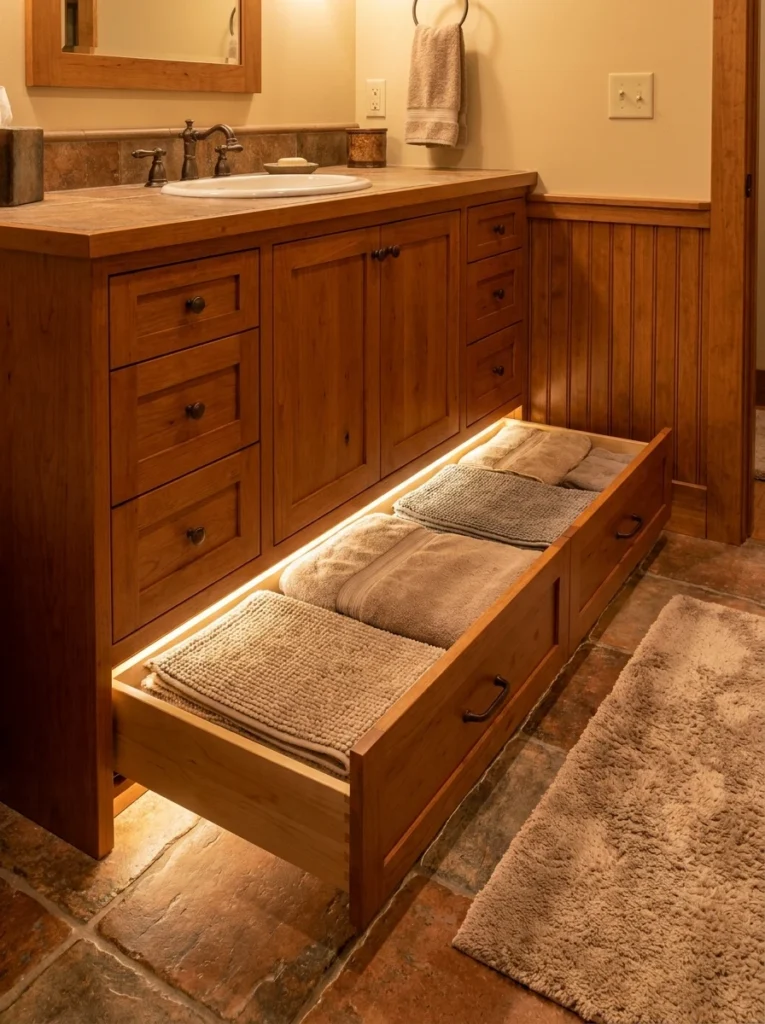A toe-kick drawer built into the base of a bathroom vanity, pulled open to show flat storage, warm bathroom lighting, vertical Pinterest photography, warm toe-kick styling.