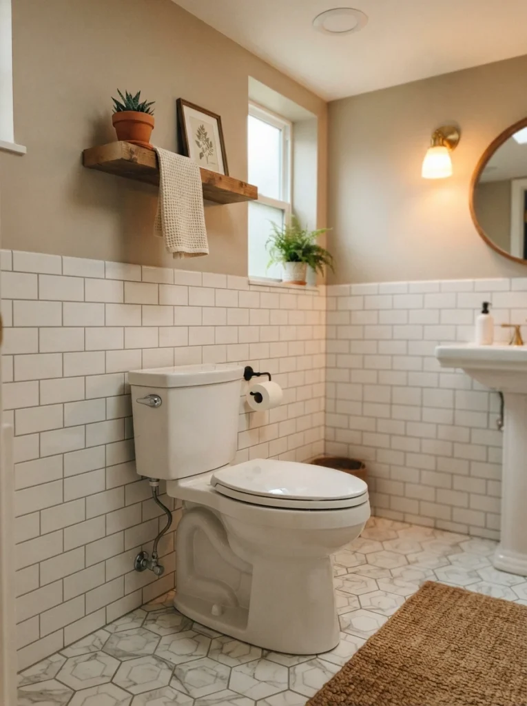 A comfort-height, water-efficient toilet installed in a small bathroom, replacing an old inefficient model, warm bathroom lighting, vertical Pinterest photography, warm toilet-upgrade styling.