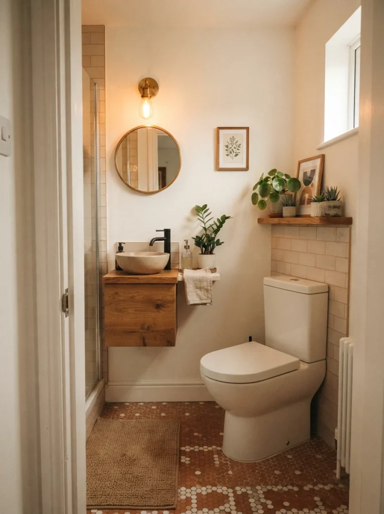 A small bathroom toilet positioned at a rotated angle to avoid blocking the entry path, warm bathroom lighting, vertical Pinterest photography, warm rotated-fixture styling.