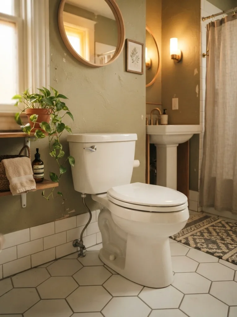An updated toilet seat installed in a small rental bathroom, refreshed appearance, warm bathroom lighting, vertical Pinterest photography, warm toilet-seat-swap styling.