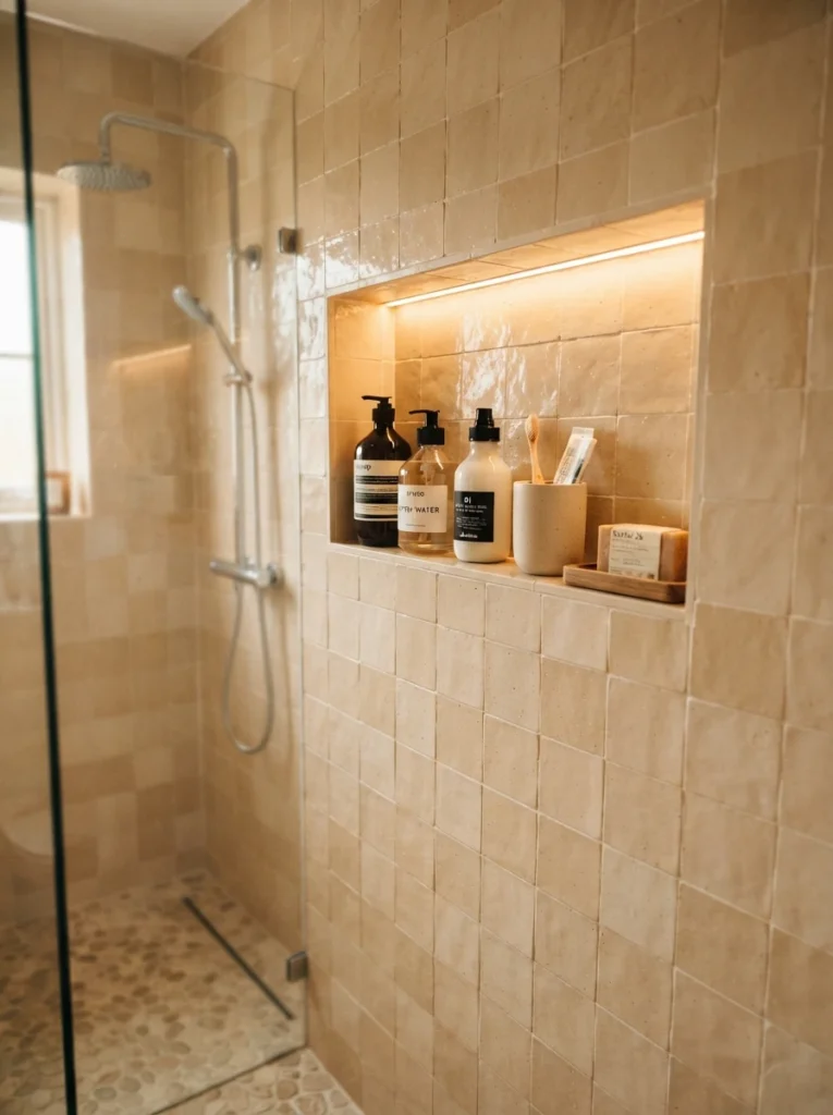 A recessed niche shelf built into a shower wall, toiletries stored flush with the tile, warm bathroom lighting, vertical Pinterest photography, warm recessed styling.