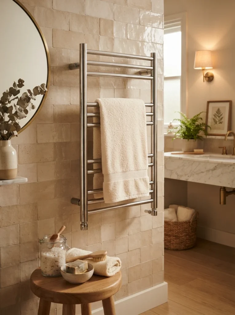 A wall-mounted towel warmer in a spa-style bathroom, holding a warm folded towel, warm bathroom lighting, vertical Pinterest photography, warm towel-warmer styling