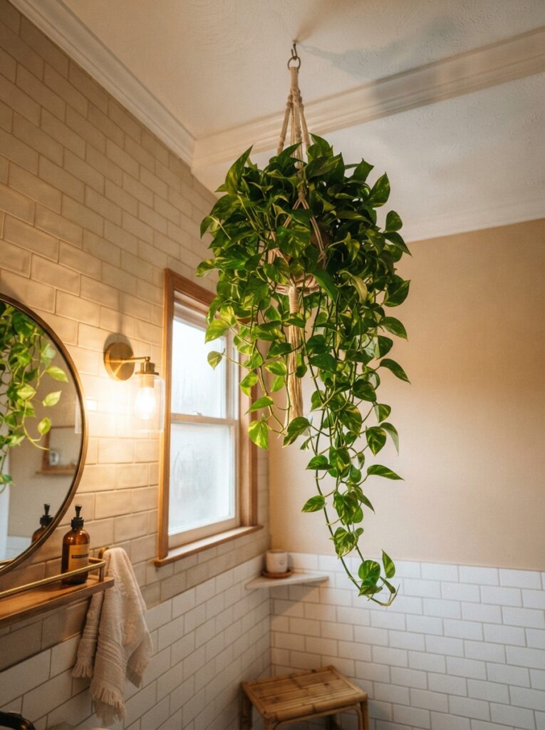 ![A trailing plant hanging near the ceiling of a small bathroom, drawing the eye upward, warm bathroom lighting, vertical Pinterest photography, warm upward-focus styling.]