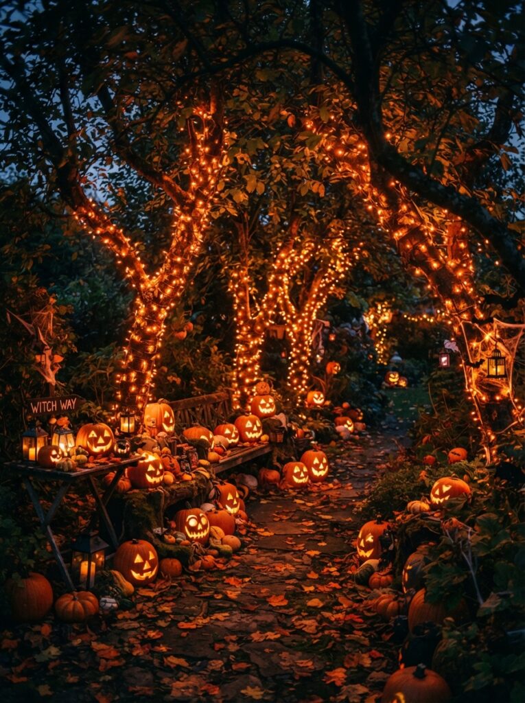 ![Outdoor trees wrapped with glowing orange fairy lights for Halloween, surrounded by pumpkins and autumn leaves, dark evening garden, warm spooky atmosphere, vertical Pinterest photography.]