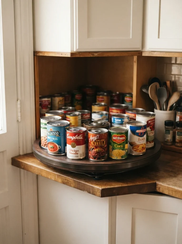 A meal being prepared using an older can of tomatoes pulled from the front of a rotation system, warm kitchen lighting, vertical Pinterest photography, warm usage-focused styling.