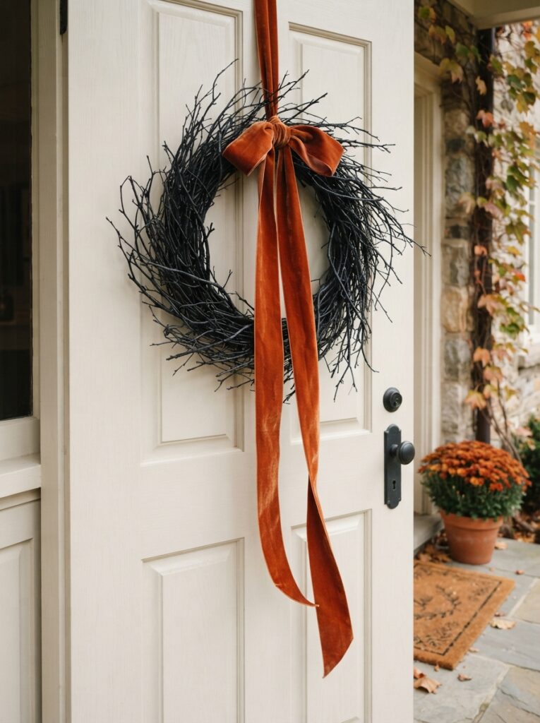 ![A stark black twig wreath hanging on a light-colored front door, suspended by a thick, trailing burnt-orange velvet ribbon, crisp autumn light, vertical Pinterest photography, chic velvet ribbon door styling.]