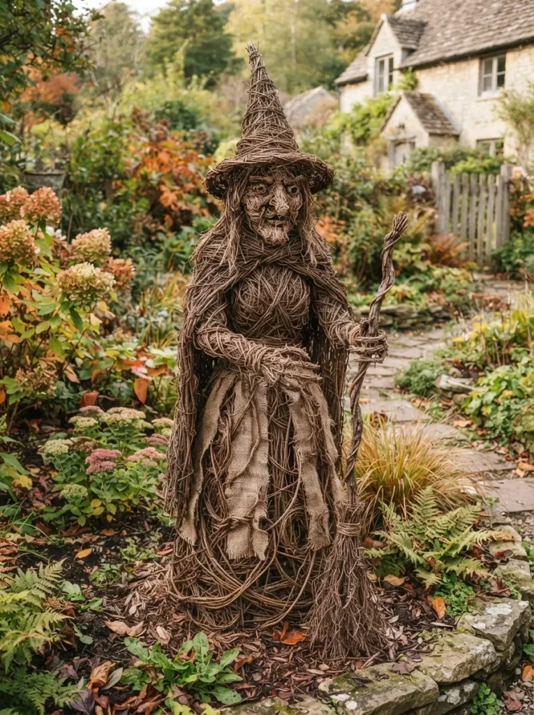 ![A life-sized witch figure woven entirely from twisted natural grapevines and twigs standing in a garden bed, rustic folk art aesthetic, bright natural daylight, vertical Pinterest photography, natural folk art styling.]