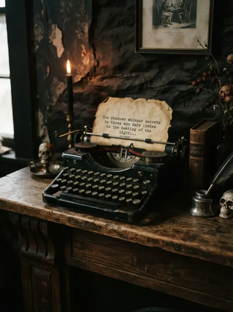 ![A black vintage manual typewriter resting on a wood mantel with a piece of aged paper rolled halfway out, displaying a typed spooky quote, moody lighting, vertical Pinterest photography, gothic literary vignette styling.]