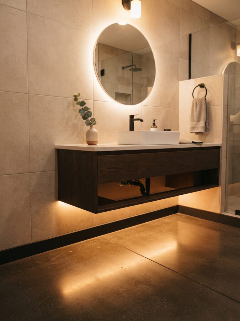 ![Under-cabinet LED lighting beneath a floating vanity in a modern bathroom, soft glow separating cabinet from floor, warm bathroom lighting, vertical Pinterest photography, warm under-cabinet-light styling.]