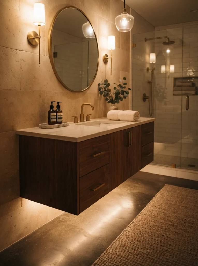 Under-cabinet LED lighting installed beneath a bathroom vanity, soft glow adding a luxury feel, warm bathroom lighting, vertical Pinterest photography, warm under-cabinet-light styling.