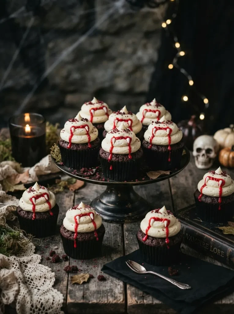 ![Halloween vampire bite cupcakes with pale frosting, two red icing bite marks, dripping red details, and dark chocolate cake, dramatic spooky dessert display, vertical Pinterest photography.]