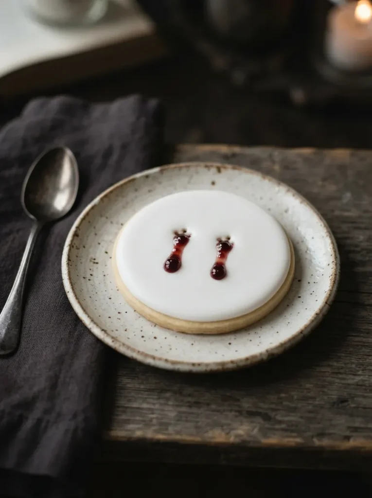 ![A perfectly smooth white-iced round sugar cookie featuring two distinct dots of dripping dark red jam resembling a vampire bite, highly minimalist, soft lighting, vertical Pinterest photography, chic macabre cookie styling.]