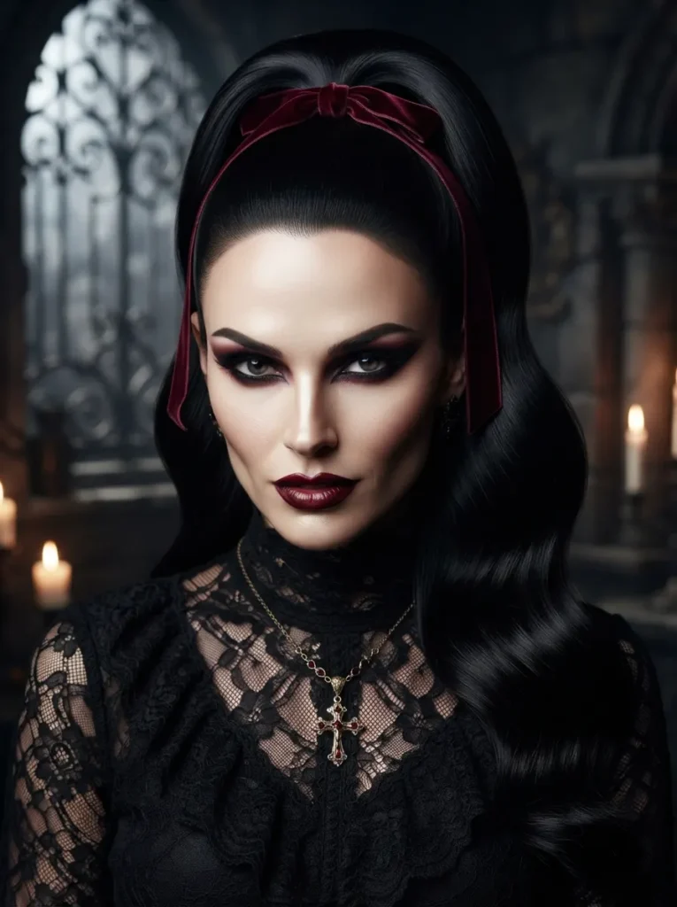 Sleek high vampire ponytail with glossy dark hair, burgundy velvet ribbon, smooth pulled-back styling, dramatic Halloween makeup, moody vertical Pinterest beauty photography.