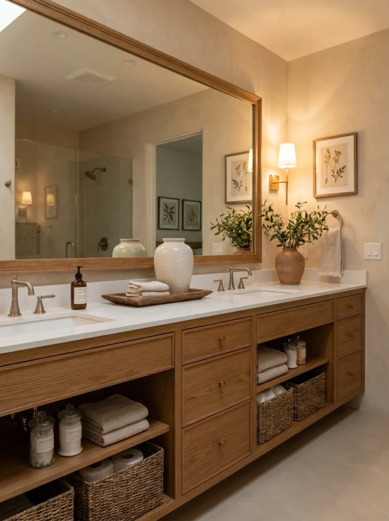 A vanity extended along the full length of a bathroom wall, maximizing storage without adding depth, warm bathroom lighting, vertical Pinterest photography, warm extended-vanity styling.