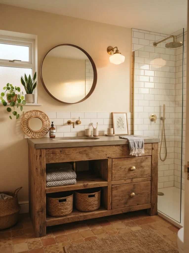 Reclaimed floor space from a removed bathtub used for a wider vanity in a small bathroom, warm bathroom lighting, vertical Pinterest photography, warm reclaimed-space styling.