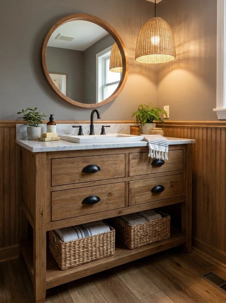 A small vanity with drawers replacing a pedestal sink, storage now available beneath the counter, warm bathroom lighting, vertical Pinterest photography, warm vanity-swap styling.