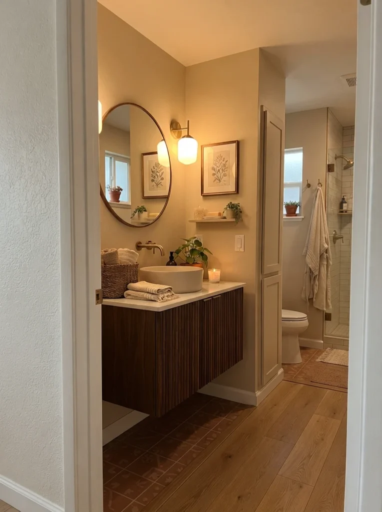 A small bathroom layout where the vanity, not the toilet, is the first thing visible from the doorway, warm bathroom lighting, vertical Pinterest photography, warm sightline-conscious styling.