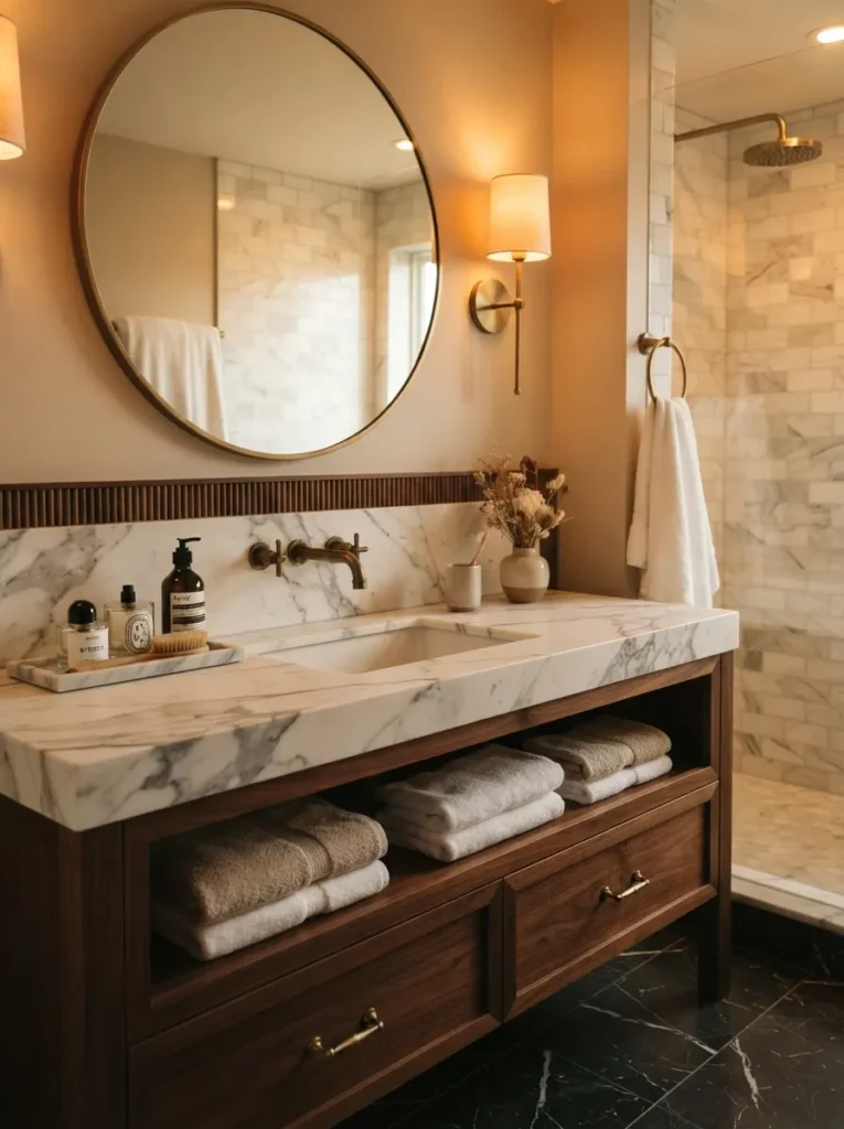 ![Bathroom remodel materials staged and ready before demolition begins, warm bathroom lighting, vertical Pinterest photography, warm pre-ordered-materials styling.]