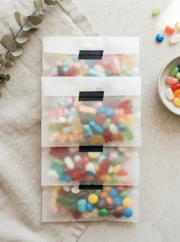 Translucent frosted vellum envelopes filled with colorful candies, the colors softly muted through the paper, sealed neatly with a single strip of black washi tape, bright minimalist lighting, vertical Pinterest photography, modern vellum packaging styling.