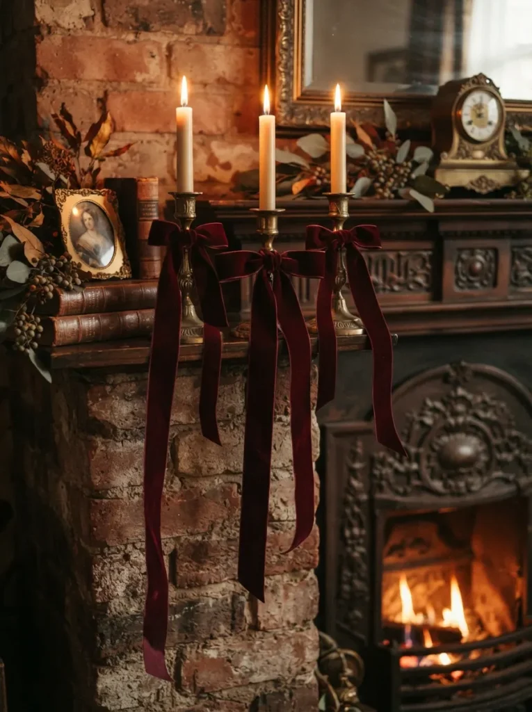 ![Deep burgundy velvet ribbon tied elegantly around vintage brass candle holders on a mantel, the ribbon ends trailing down the fireplace facade, warm moody lighting, vertical Pinterest photography, luxurious Victorian styling.]