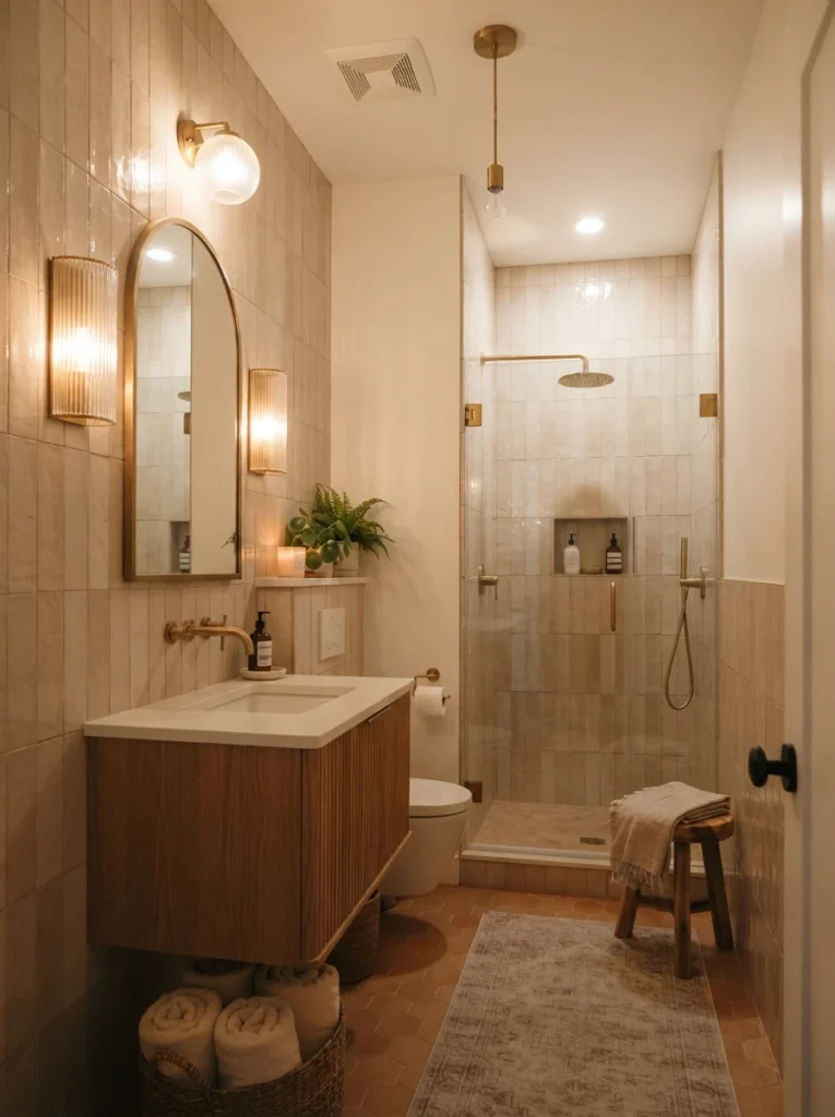 ![Vertically laid tile in a narrow bathroom, walls appearing taller and more elongated, warm bathroom lighting, vertical Pinterest photography, warm vertical-tile styling.]