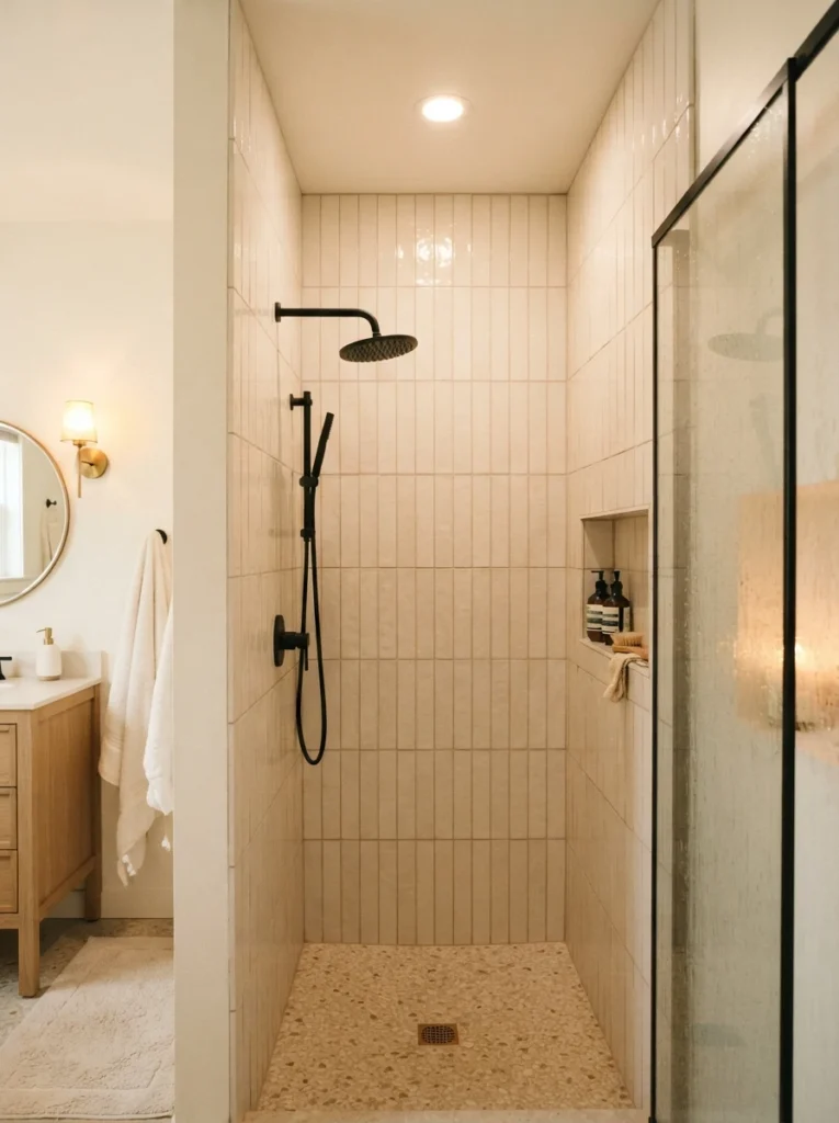 Vertically laid tile in a small bathroom shower, drawing the eye upward, warm bathroom lighting, vertical Pinterest photography, warm vertical-tile styling.