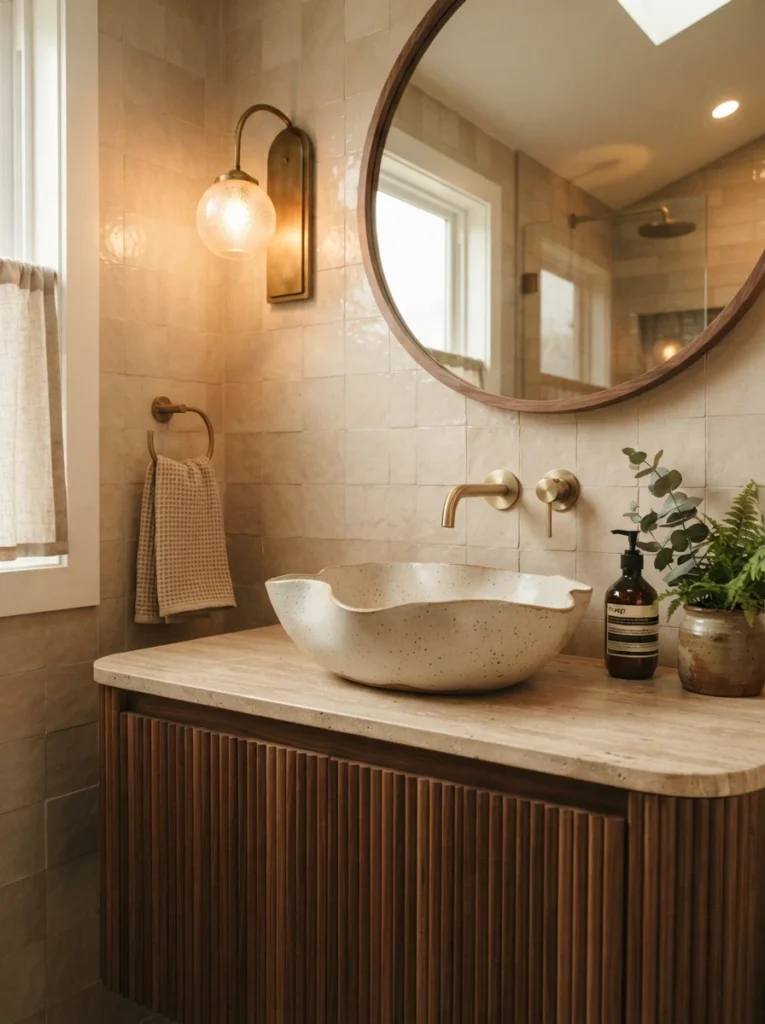 A sculptural vessel sink on a modern bathroom vanity, warm bathroom lighting, vertical Pinterest photography, warm vessel-sink styling.
