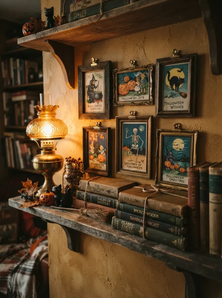 ![Framed vintage-style Halloween postcards arranged on a shelf with old books, warm lamp light, vertical Pinterest photography, nostalgic postcard-gallery styling.]