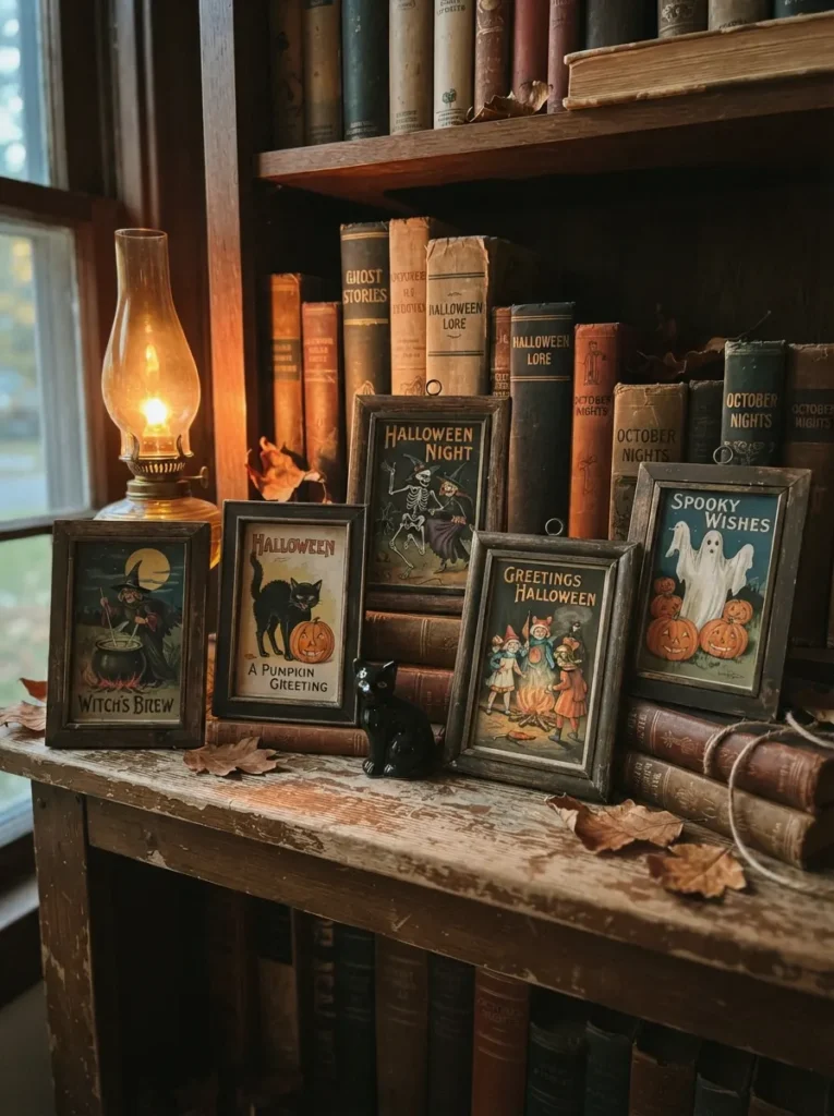 ![Cohesive vignette of soft orange, black, and cream Halloween pieces on a side table, warm ambient light, vertical Pinterest photography, restrained-vintage-palette styling.]