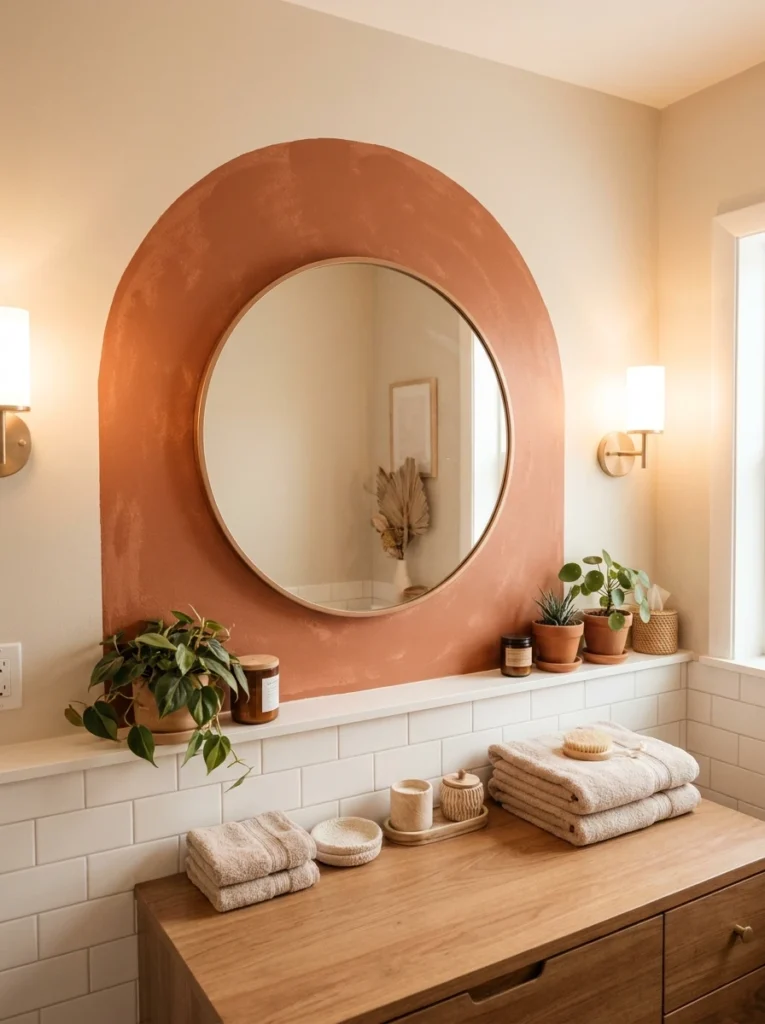 A removable vinyl arch decal framing a mirror in a rental bathroom, mimicking a custom architectural feature, warm bathroom lighting, vertical Pinterest photography, warm painted-arch-effect styling.