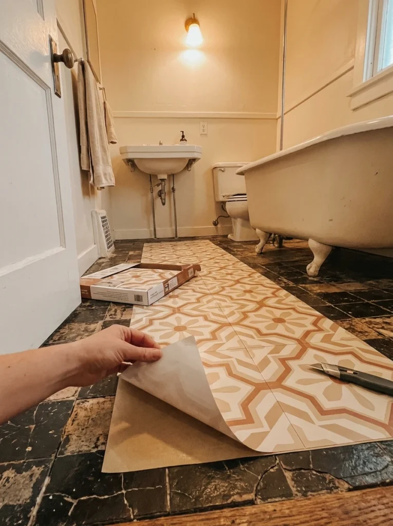 Peel-and-stick vinyl floor tile applied over an existing rental bathroom floor, updated look without permanent change, warm bathroom lighting, vertical Pinterest photography, warm floor-overlay styling.