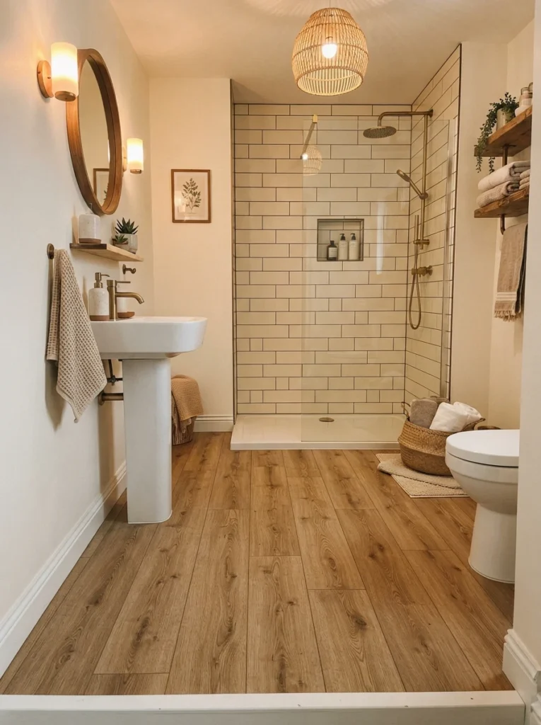 Luxury vinyl plank flooring installed in a small bathroom, mimicking natural wood, warm bathroom lighting, vertical Pinterest photography, warm vinyl-plank styling.