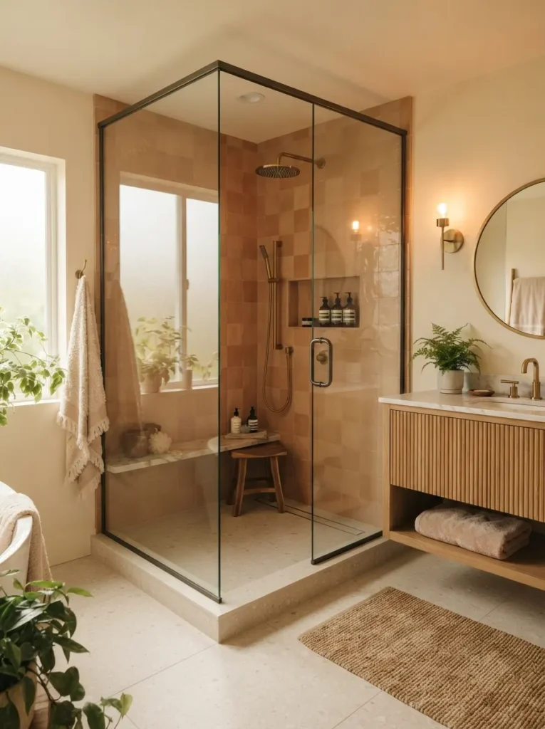 ![A spacious walk-in shower in a bathroom, chosen over a cramped freestanding tub, warm bathroom lighting, vertical Pinterest photography, warm walk-in-shower styling.]