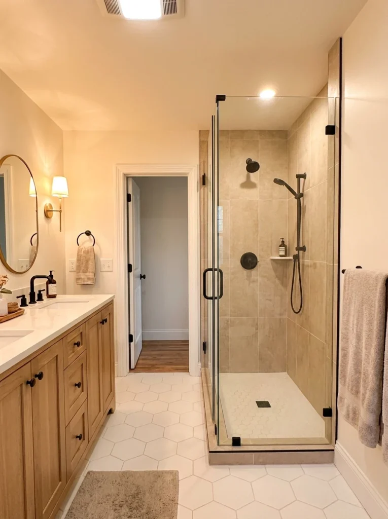 A frameless walk-in shower replacing a bathtub in a small bathroom, sightlines open across the room, warm bathroom lighting, vertical Pinterest photography, warm walk-in-shower styling.