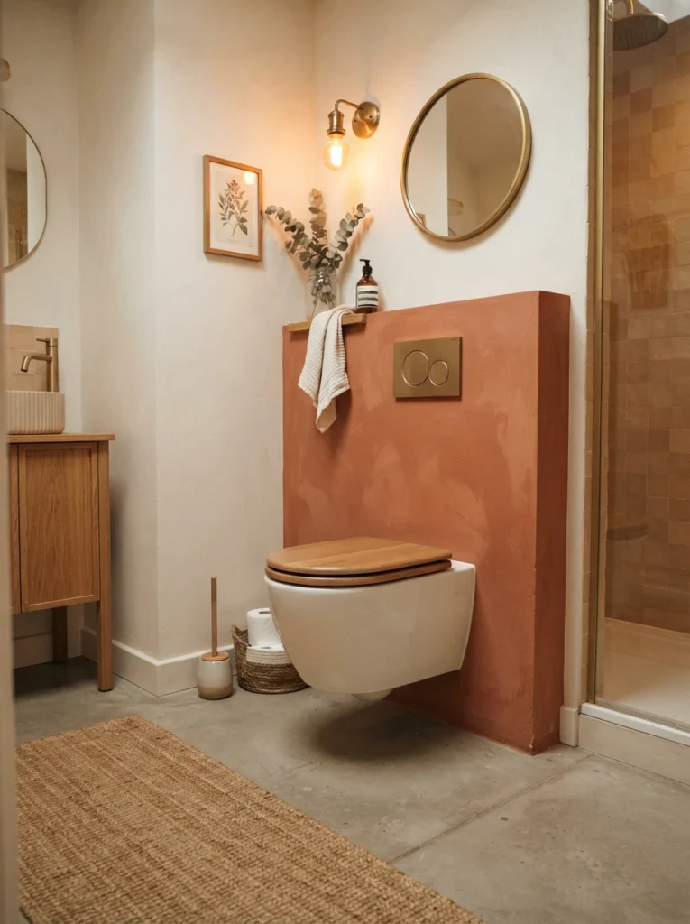 A wall-mounted toilet in a small bathroom, floor space visible beneath the bowl, warm bathroom lighting, vertical Pinterest photography, warm wall-mounted styling.