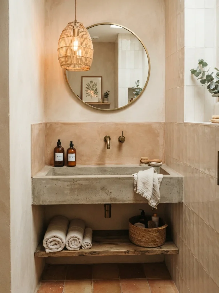 ![A wall-mounted trough-style sink in a narrow bathroom, reclaiming width compared to a standard vanity, warm bathroom lighting, vertical Pinterest photography, warm trough-sink styling.]