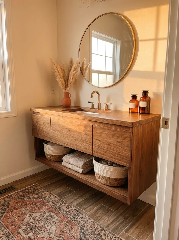 A floating wall-mounted vanity in a small bathroom, floor visible beneath it, warm bathroom lighting, vertical Pinterest photography, warm floating styling.