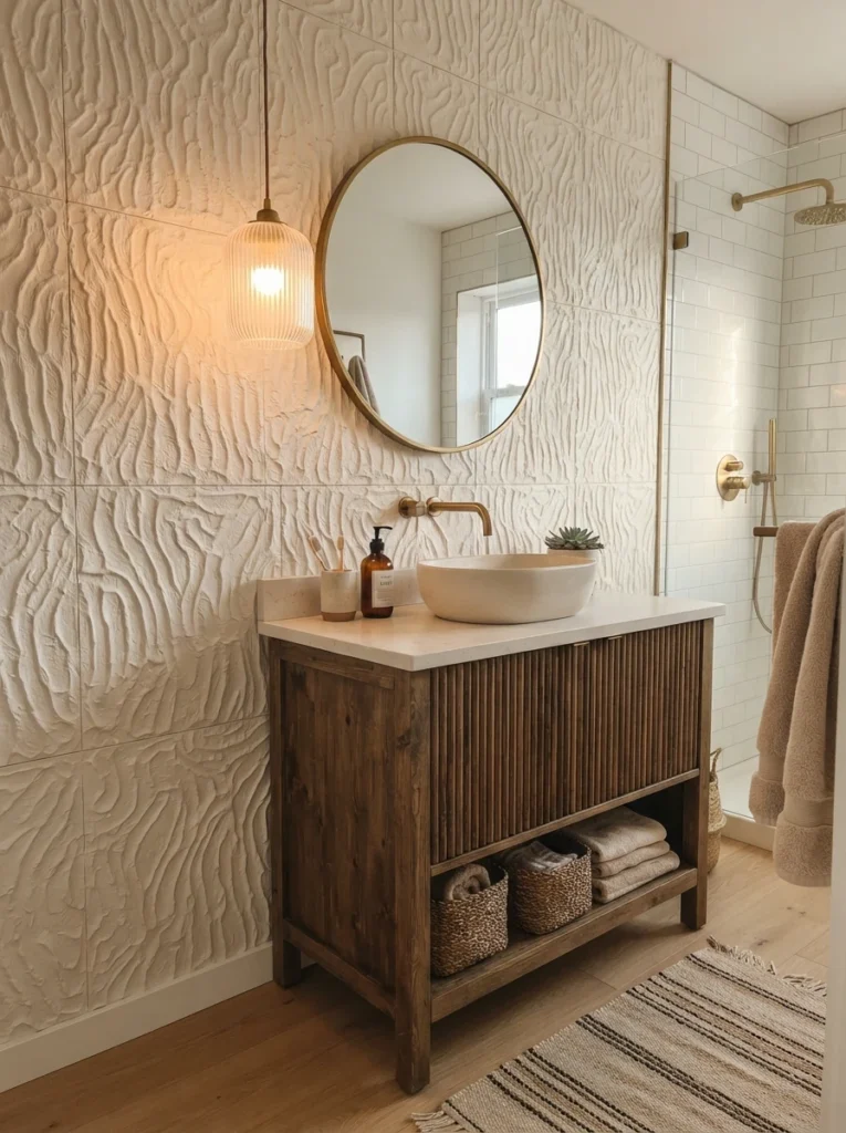 A peel-and-stick 3D textured wall panel behind a bathroom vanity, mimicking carved plaster, warm bathroom lighting, vertical Pinterest photography, warm textured-wall styling.