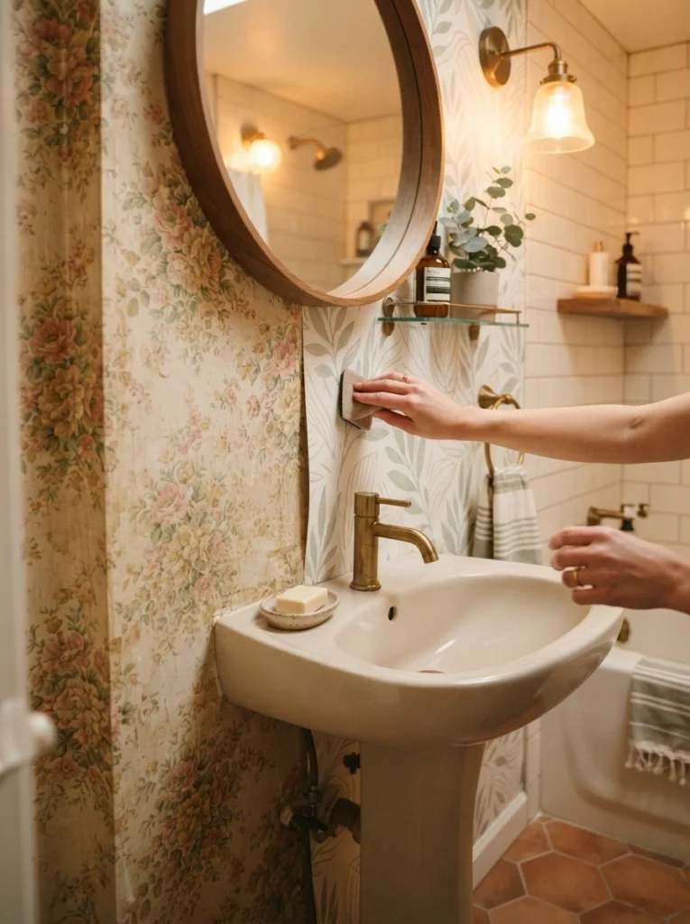 Modern peel-and-stick wallpaper applied over dated floral wallpaper in a small bathroom, warm bathroom lighting, vertical Pinterest photography, warm wallpaper-refresh styling.