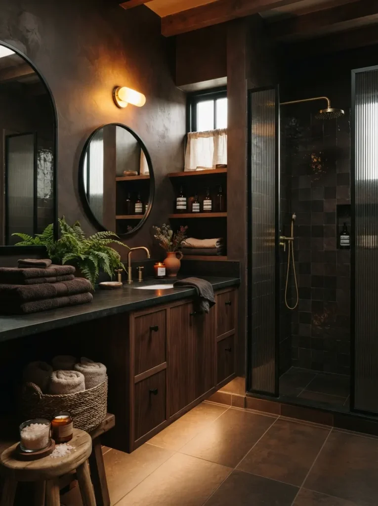 A fully committed black bathroom, consistent dark palette throughout, warm bathroom lighting, vertical Pinterest photography, warm full-commitment styling.