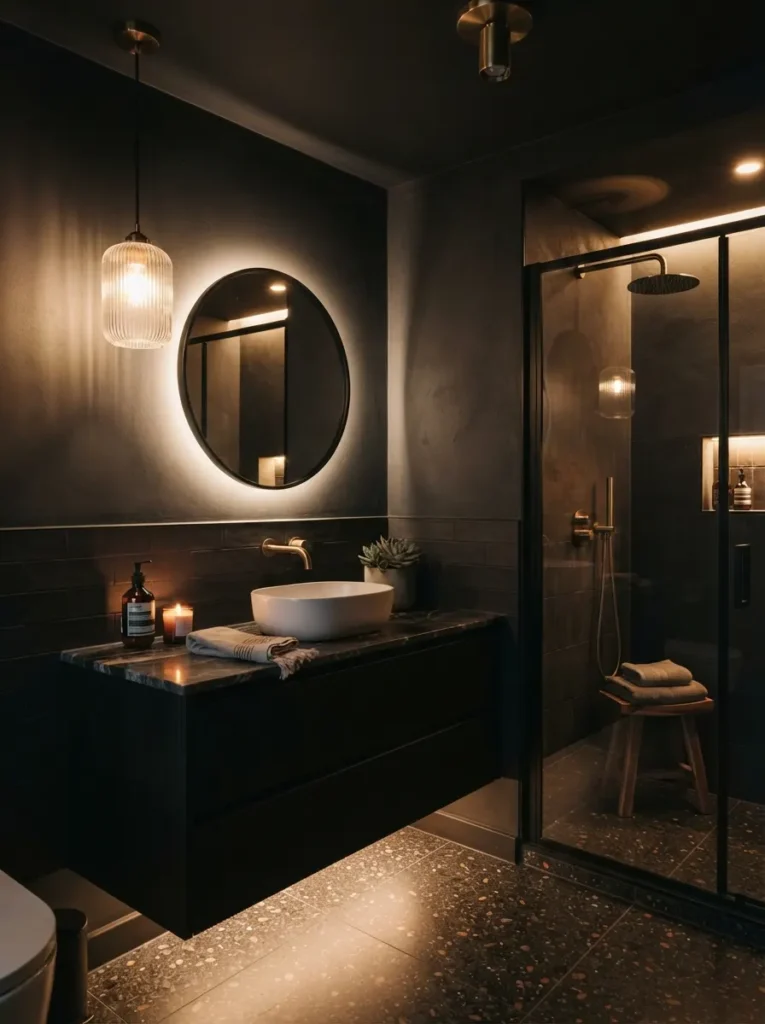 Warm 2700K lighting installed in a black bathroom, softening the dark surfaces, warm bathroom lighting, vertical Pinterest photography, warm 2700k-lighting styling.