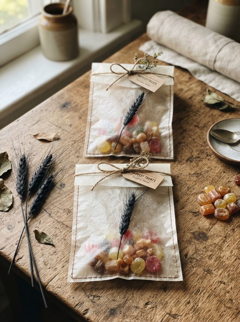Clusters of candy gathered into bundles using delicate black lace fabric, tied tightly at the top with black satin ribbon, soft romantic lighting, vertical Pinterest photography, gothic lace bundle styling.