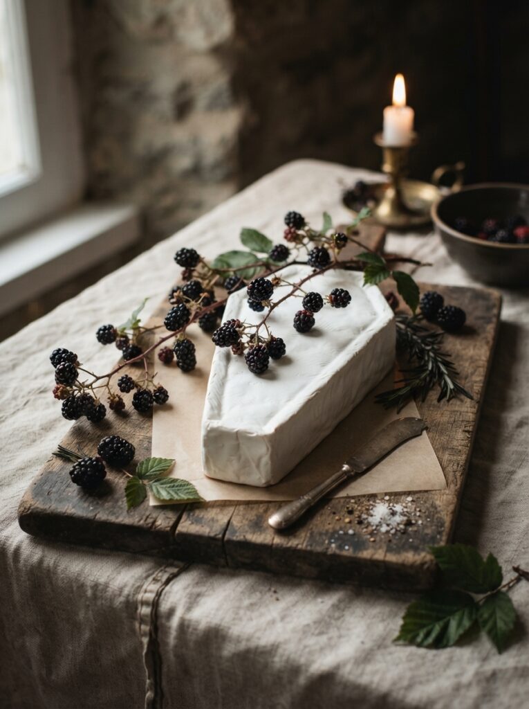 ![A block of soft white cheese meticulously carved into a tapered coffin shape, draped with a dark blackberry vine and resting on a rustic board, soft romantic lighting, vertical Pinterest photography, gothic coffin cheese styling.]
