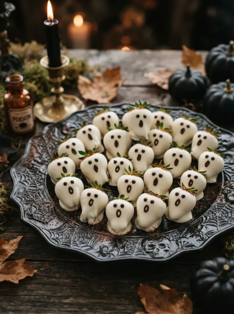 ![White chocolate-dipped strawberries decorated as tiny ghosts with chocolate eyes and mouths, arranged on a black Halloween dessert platter, elegant spooky styling, vertical Pinterest photography.]